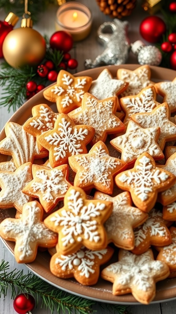 A colorful assortment of Italian Christmas cookies dusted with powdered sugar on a festive platter.